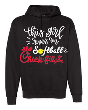 Load image into Gallery viewer, This Girl Runs on Softball & Chick-Fil-A Sweatshirt