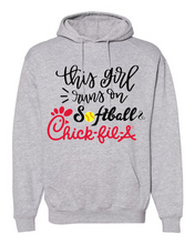 Load image into Gallery viewer, This Girl Runs on Softball & Chick-Fil-A Sweatshirt