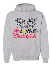 Load image into Gallery viewer, This Girl Runs on Softball &amp; Chick-Fil-A Sweatshirt